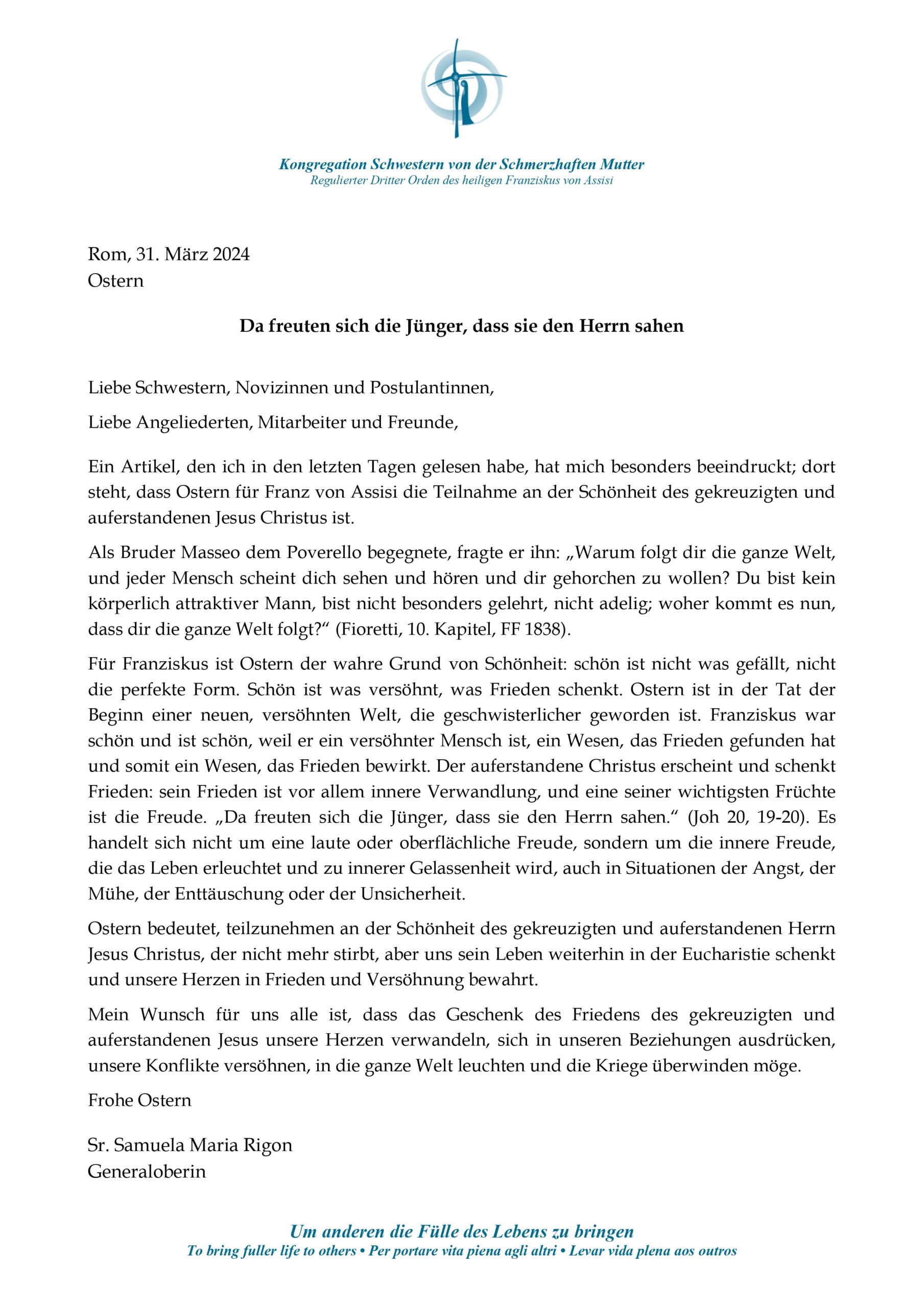 Sr. Samuelas Reflexion, Ostern 2024